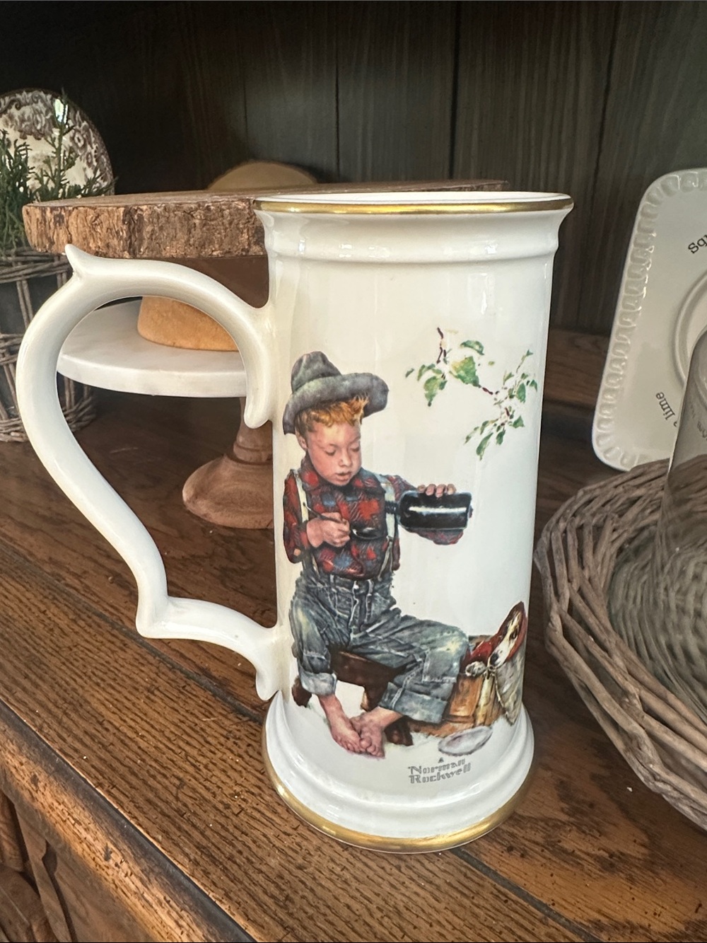 Norman Rockwell White Ceramic Stein with Red Plaid and Green Accents